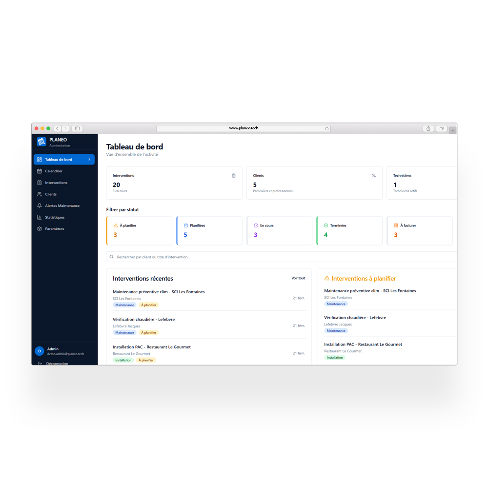 Calendrier de planification techniciens, Application gestion interventions terrain, Intervention technicien, Tableau de bord gestion interventions, Planeo logiciel gestion interventions
